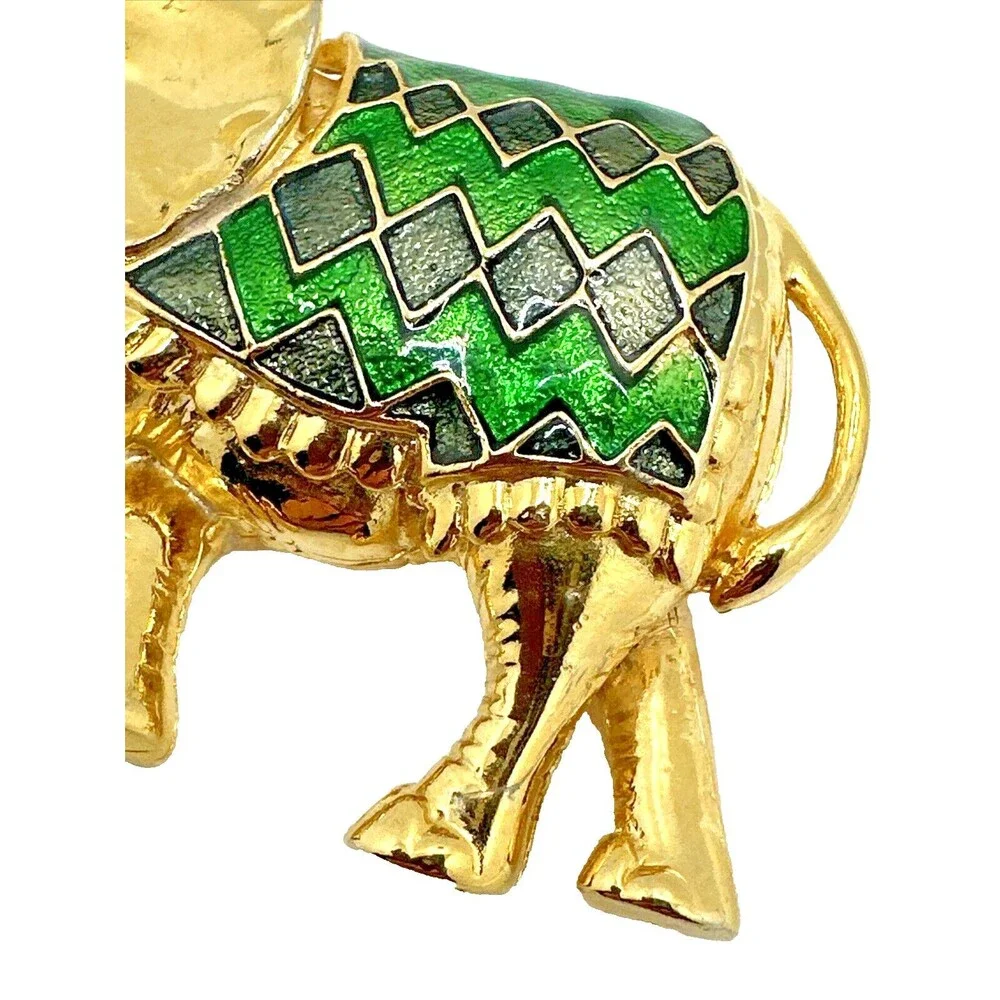 Vintage Indian Elephant Brooch Diamond Pattern Green Enamel Gold Tone Pin 3
